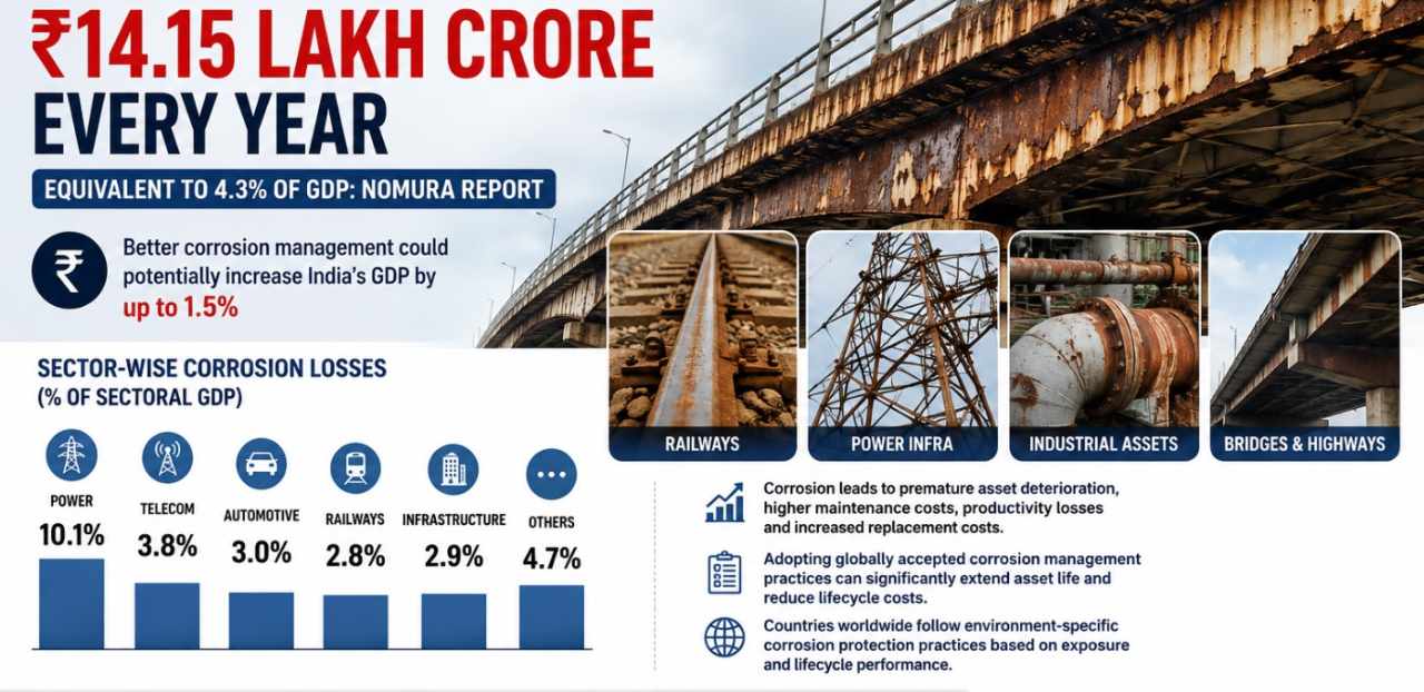 Corrosion costs India ₹14.15 Lakh Crore every year, equivalent to 4.3% of GDP: Nomura Report
